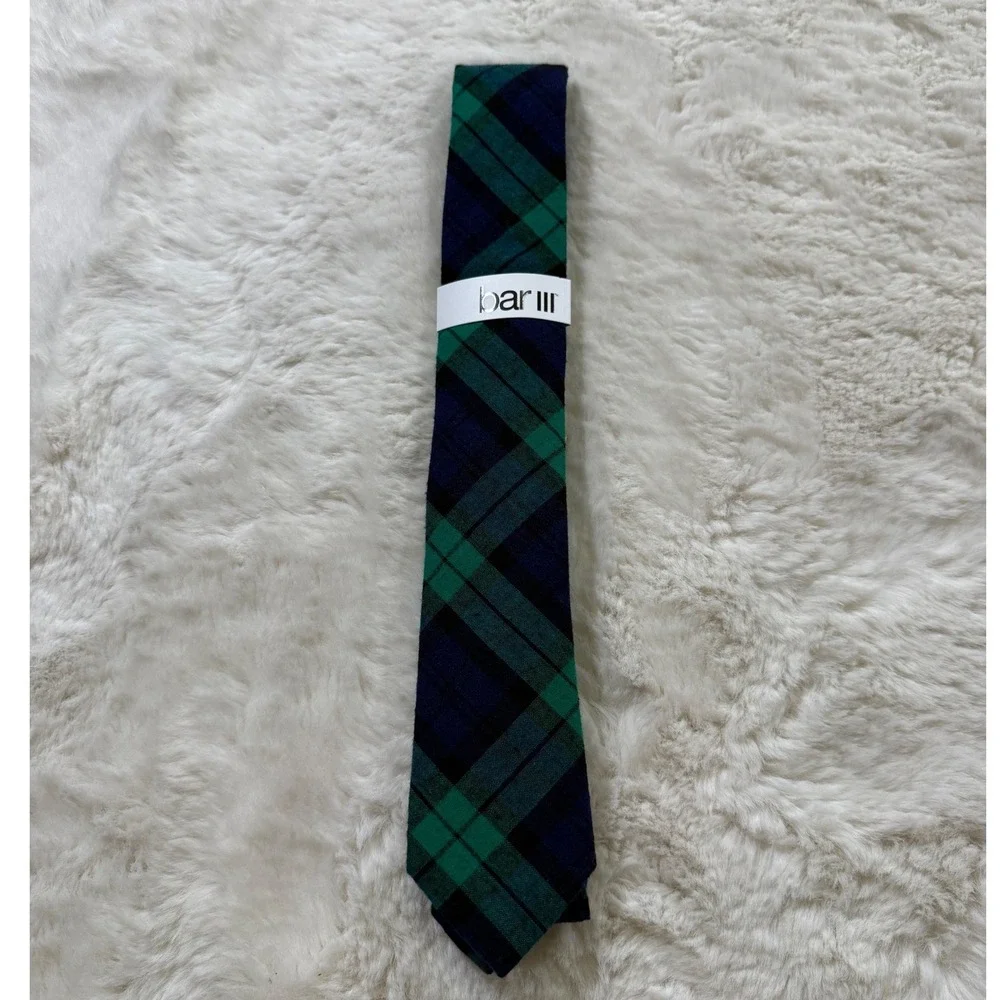 Bar III Necktie OS Green Navy Black Watch Tartan Plaid Skinny Slim NWT Academia